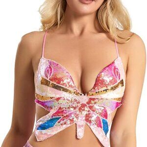 Womens Sparkly Sequin Butterfly Crop Top Sparkly Glitter Bandage Rave Costume S